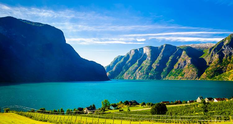 Vue panoramique d'un fjord avec des montagnes et un ciel bleu clair.