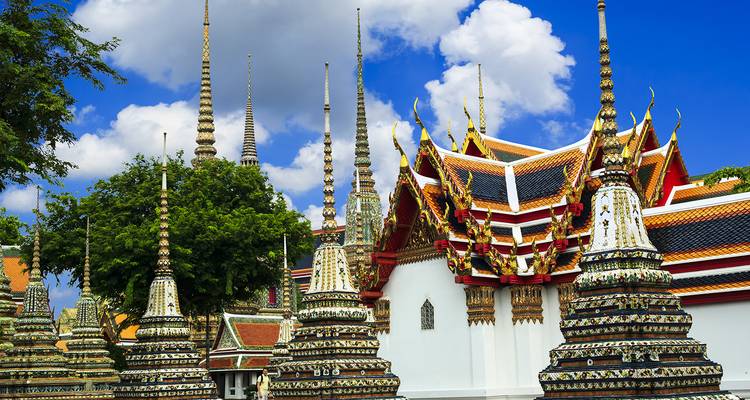 Ornate spires and temple structures with detailed architecture.