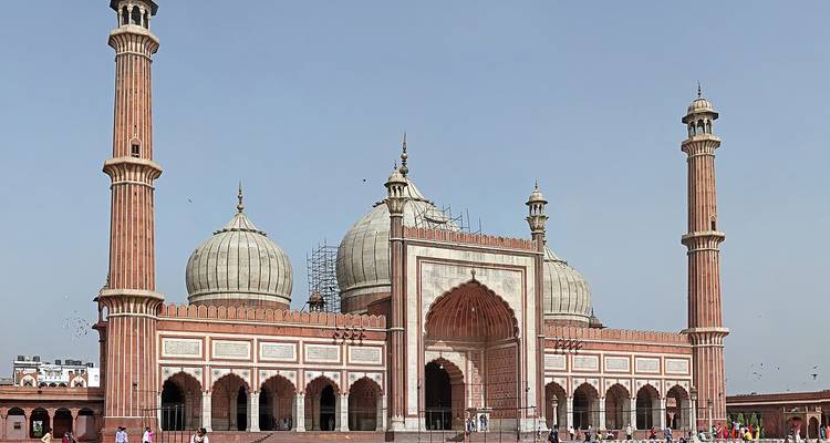 Een grote moskee met minaretten en koepels.