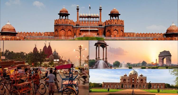Collage ikonischer Wahrzeichen in Delhi, einschließlich Rotes Fort und India Gate.