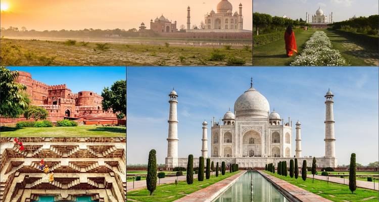 Collage des Taj Mahal, des Agra-Forts und des Chand Baori.