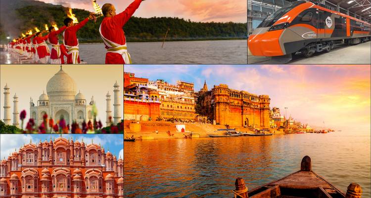 Collage d'images de voyage présentant des scènes culturelles et de transport en Inde.