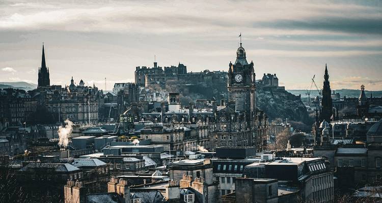 Cityscape with historic buildings and a large clock tower