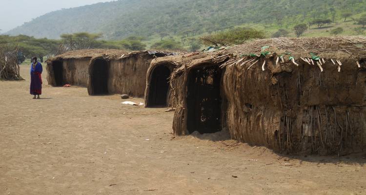 Huttes traditionnelles avec une personne debout, entourées d'un paysage.