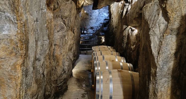 Des tonneaux de vin en bois bordent un tunnel étroit et rocheux menant plus profondément dans une cave souterraine.