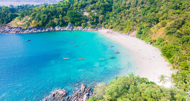 Vue aérienne d'une crique de plage pittoresque avec des collines verdoyantes environnantes.