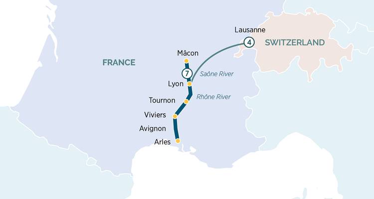 Carte montrant l'itinéraire de voyage à travers la France, incluant Lausanne et Avignon.