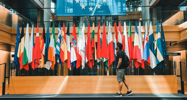 Personne marchant devant une rangée de drapeaux européens.