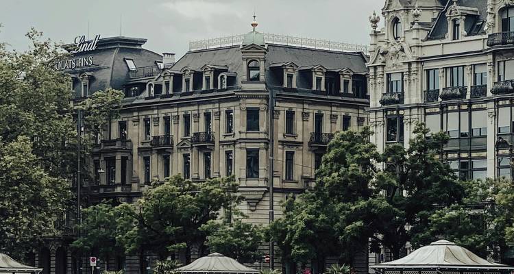 Bâtiments historiques dans un cadre urbain avec des arbres.
