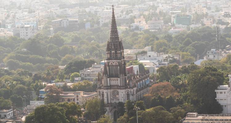 Luftaufnahme einer hohen neugotischen Kathedrale, umgeben von grünen Bäumen und einer sich ausbreitenden Stadtlandschaft.