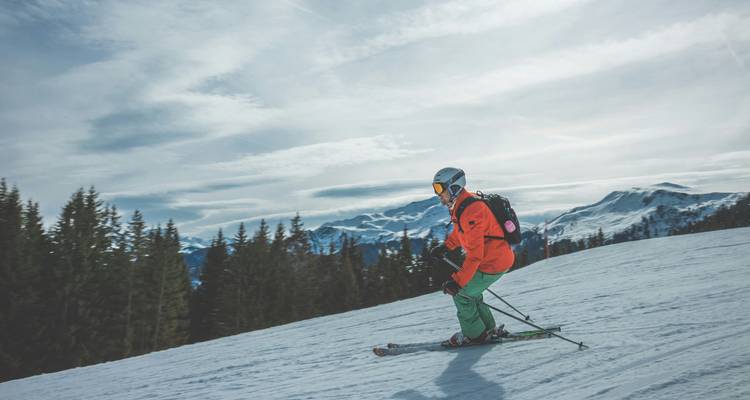 Un skieur en équipement coloré skiant en descente avec des montagnes enneigées et des arbres en arrière-plan.