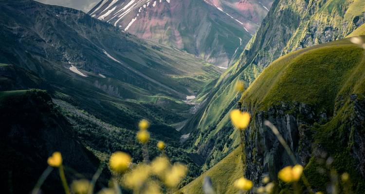 Vallée de montagne pittoresque avec des collines verdoyantes luxuriantes.