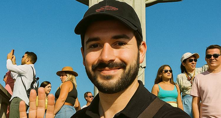 A person taking a selfie with a large statue in the background.