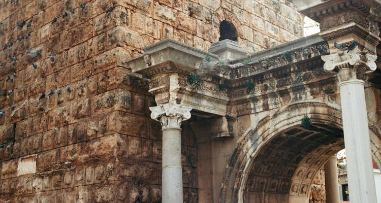 Ancient stone archway with intricate carvings and pigeons resting.