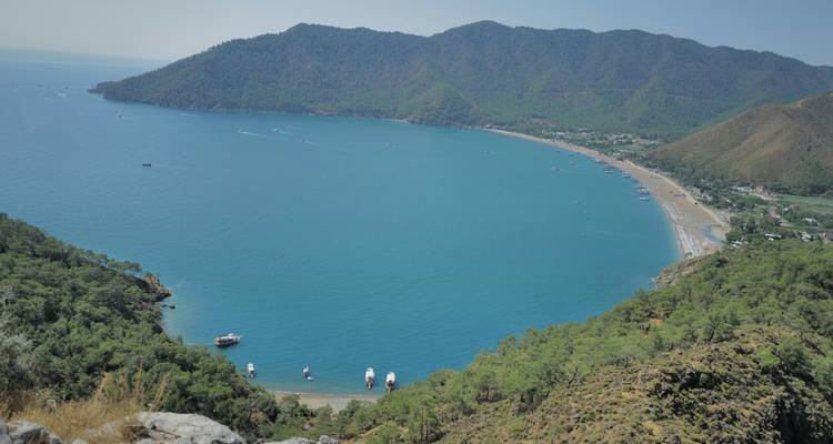 Aerial view of a curved coastline with anchoring yachts and lush vegetation.