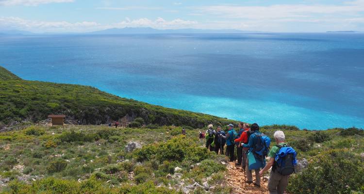 Hikers on a trail overlooking the sea.