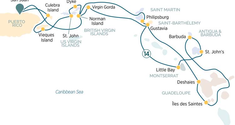 Carte montrant diverses îles des Caraïbes et des routes.