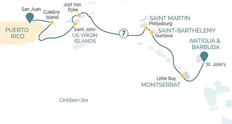 Carte montrant un itinéraire de croisière dans les Caraïbes.