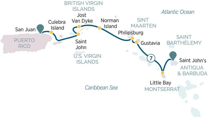 Carte illustrant une route caribéenne passant par diverses îles.