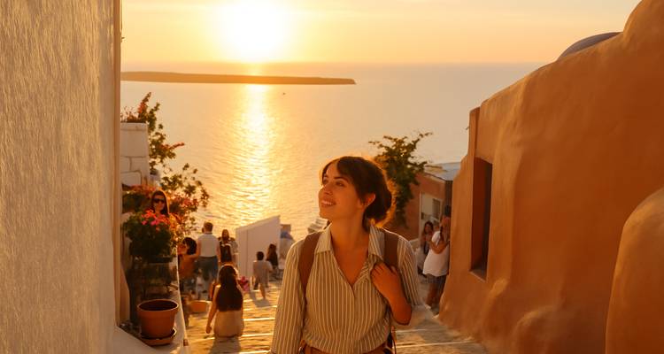Femme profitant d'une vue sur le coucher de soleil à Santorin.