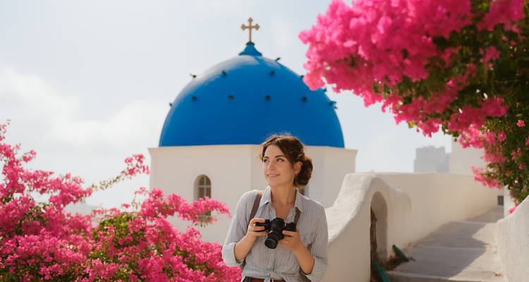 Femme avec un appareil photo devant les dômes bleus de Santorin.