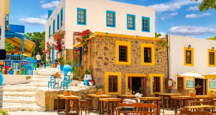 Colorful buildings in a Greek village.