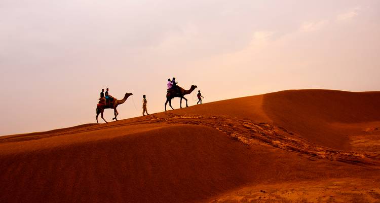 Personas montando camellos sobre dunas de arena al atardecer.