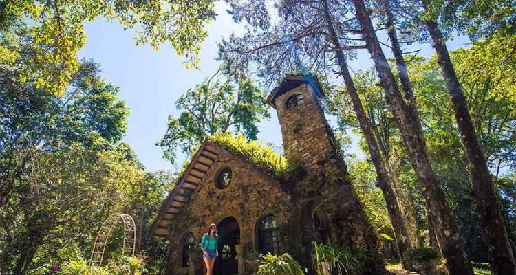Charming rustic stone house in a lush green setting.