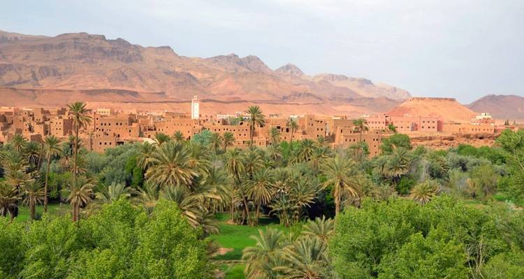 Campement du désert nocturne avec des tentes et des gens autour d'un feu.