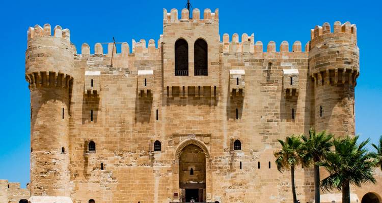Grand fort historique avec des palmiers et un ciel bleu.