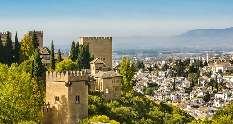Historisch Alhambra paleizencomplex rijzend boven weelderige bomen met de stad Granada en bergen op de achtergrond.