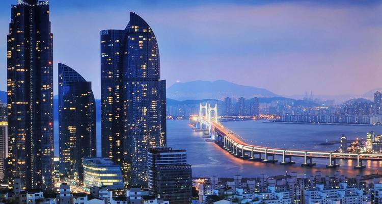 Vista panorámica nocturna de Busan con rascacielos iluminados y un puente.