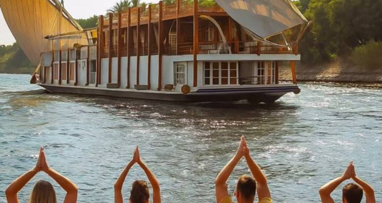 Groupe de personnes pratiquant le yoga sur le pont d'un bateau, naviguant sur une rivière.