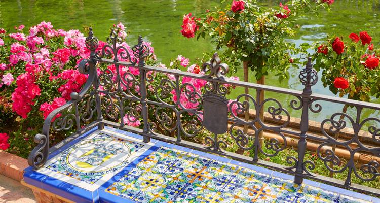 Banc aux carreaux décoratifs et fleurs éclatantes au bord d'un point d'eau serein.