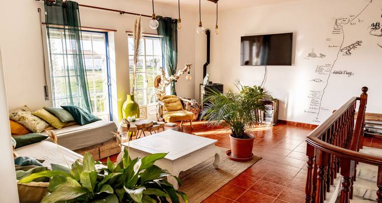 Coin salon ensoleillé avec de grandes fenêtres, des plantes et une télévision murale.