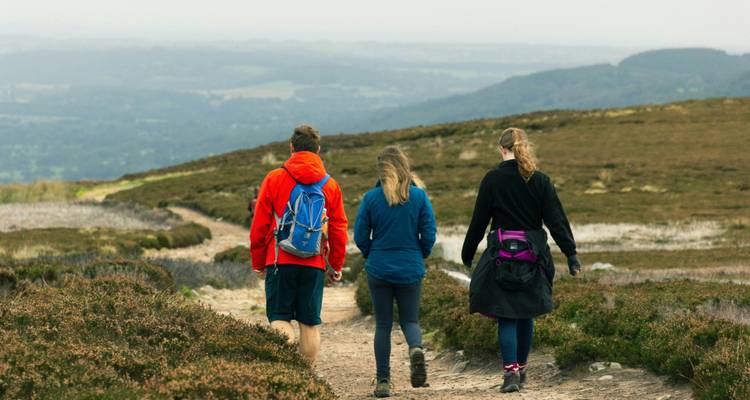 Grupo de excursionistas caminando por un sendero de colina con vistas panorámicas.