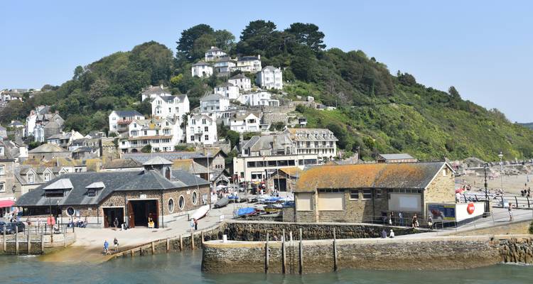 Vue d'un village côtier avec une végétation luxuriante et de charmantes maisons.