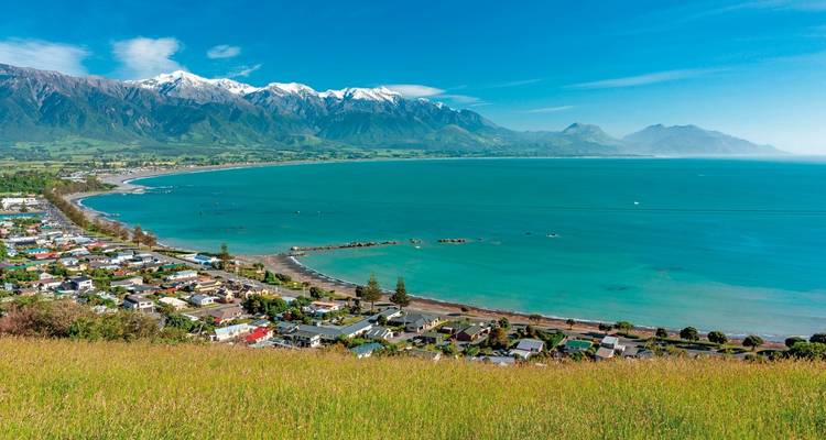 Vue panoramique d'une ville côtière avec des montagnes enneigées au loin.