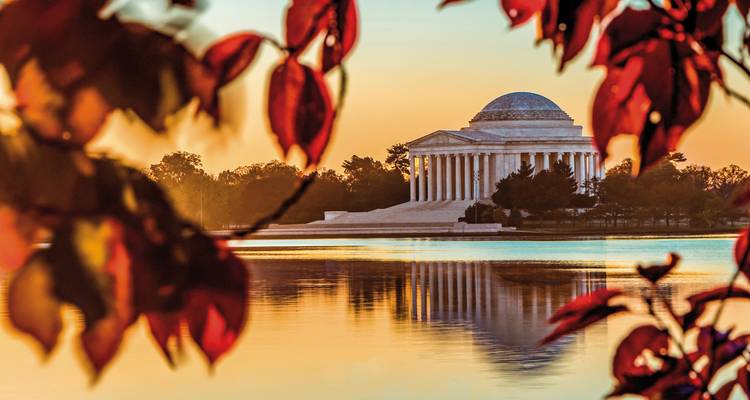 Das Jefferson Memorial betrachtet durch Herbstblätter.