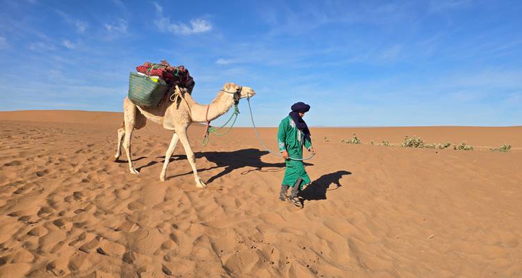 Een gids in groene kleding leidt een beladen kameel over open zand onder een levendige blauwe lucht.