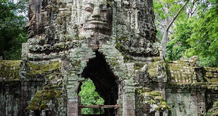 Antigua puerta de piedra con rostros tallados rodeada de vegetación.