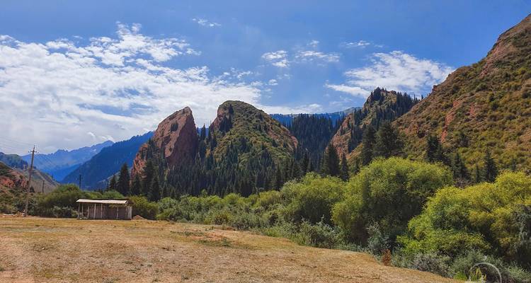 Mountain landscape with green forest and clear sky.
