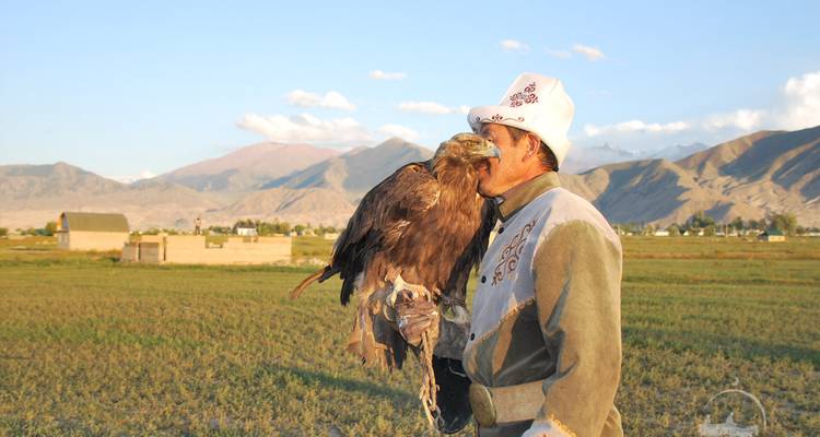 Man with an eagle on his arm in a rural setting.