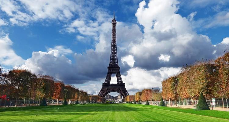 Eiffel Tower flanked by lush greenery under a dramatic sky.