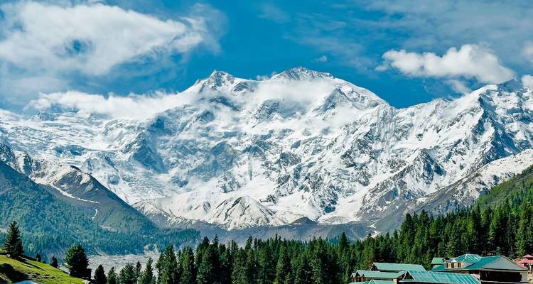 Macizo del Nanga Parbat cubierto de nieve elevándose sobre denso bosque de pinos y valle alpino.