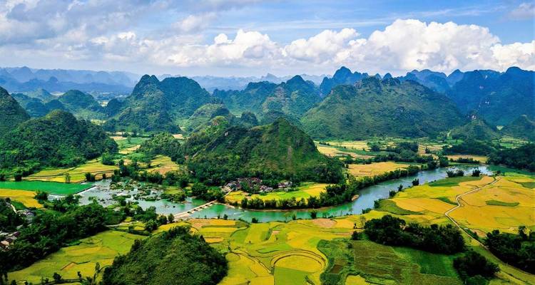 Lush river winding through a karst landscape with villages and yellow rice fields beneath puffy clouds.