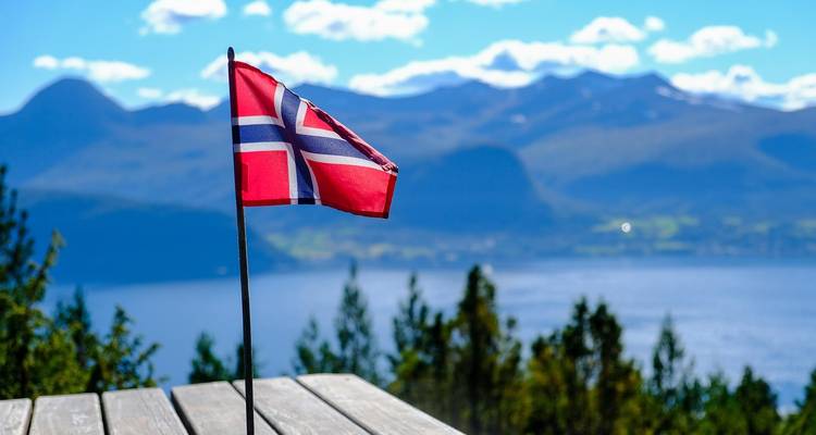 Noorse vlag op een stok met bergen en een fjord op de achtergrond.