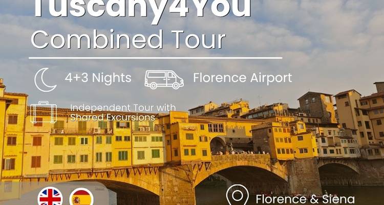 Promotional graphic advertising a combined Tuscany tour with text and icons over a bridge image.