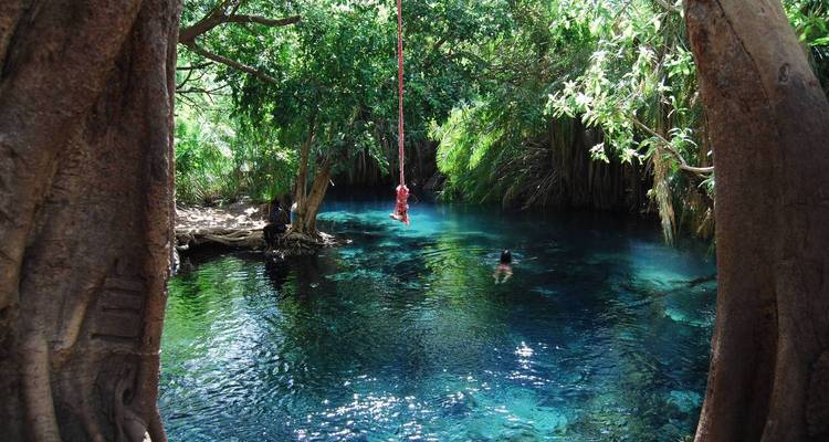 Source d'eau cristalline d'un bleu éclatant, entourée d'arbres luxuriants, avec une personne se balançant à une corde