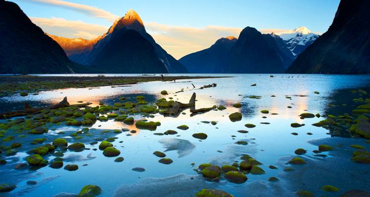 Reflective water with scattered stones and a mountain in the background at sunset.